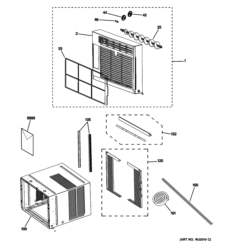 GRILLE & CHASSIS PARTS Diagram and Parts List for AEV05LPQ1  General Electric Air Conditioner