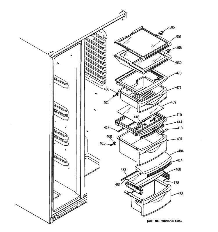 FRESH FOOD SHELVES Diagram and Parts List for GSHF6PHXIEWW  General Electric Refrigerator