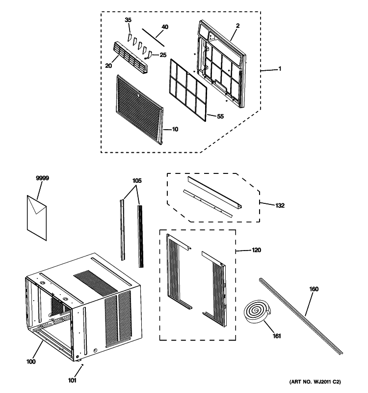 GRILLE & CHASSIS PARTS Diagram and Parts List for AEL12APL1  General Electric Air Conditioner