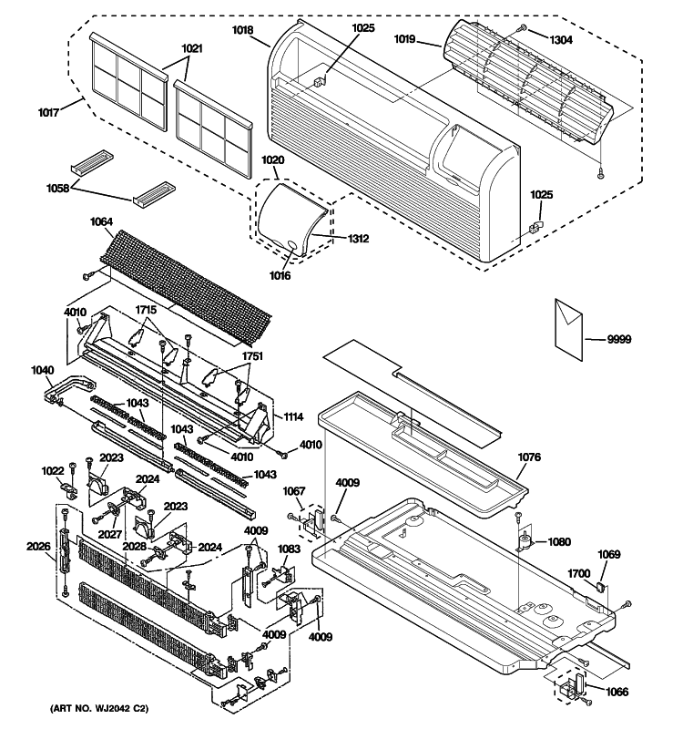 GRILLE, HEATER & BASE PAN PARTS Diagram and Parts List for AZ61H07EADM1  General Electric Air Conditioner