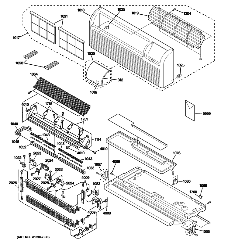 GRILLE, HEATER & BASE PAN PARTS Diagram and Parts List for AZ61H12EACW1  General Electric Air Conditioner