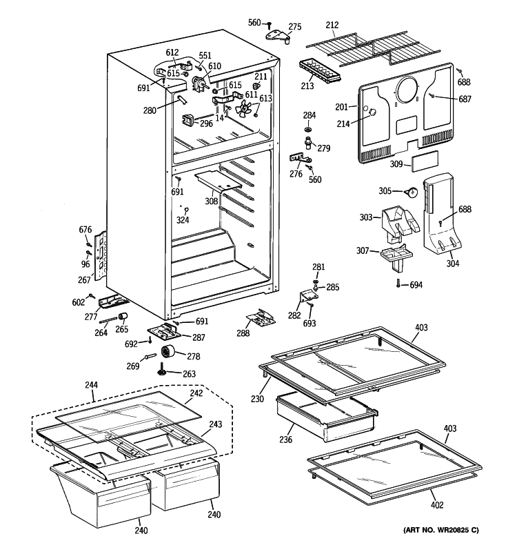 CABINET Diagram and Parts List for GTS18RBSDRWW  General Electric Refrigerator