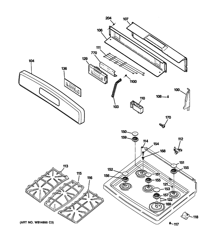 CONTROL PANEL & COOKTOP Diagram and Parts List for JGB400SEP3SS  General Electric Range
