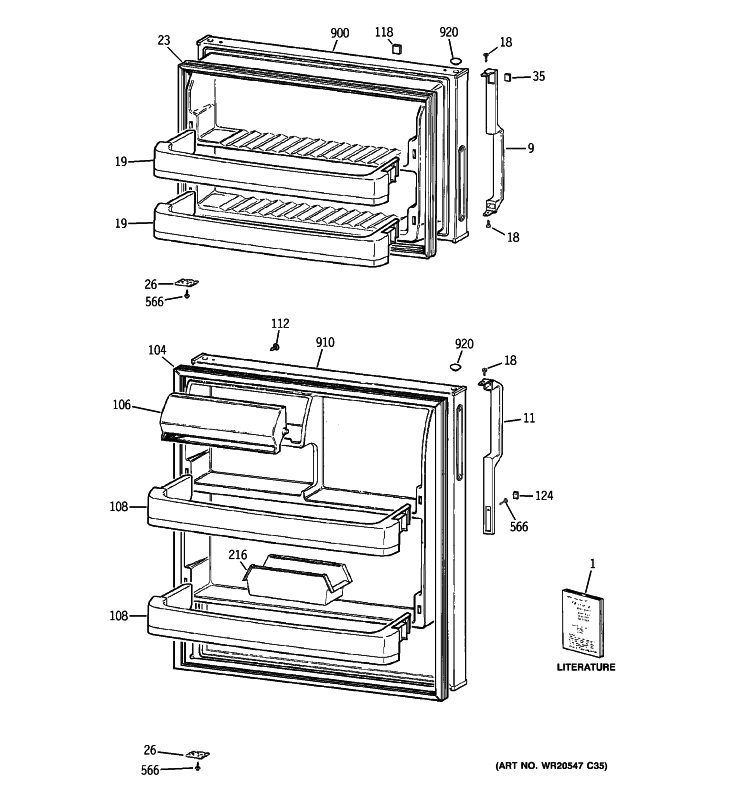 DOORS Diagram and Parts List for GTE17HBWNRWW  General Electric Refrigerator