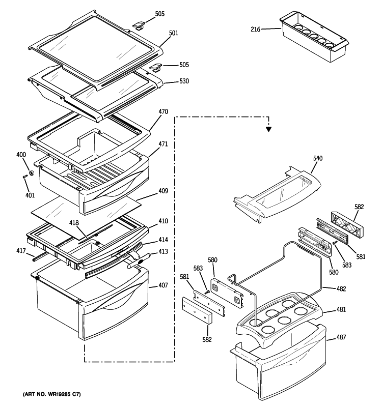 FRESH FOOD SHELVES Diagram and Parts List for PCG23NGMHFBB  General Electric Refrigerator