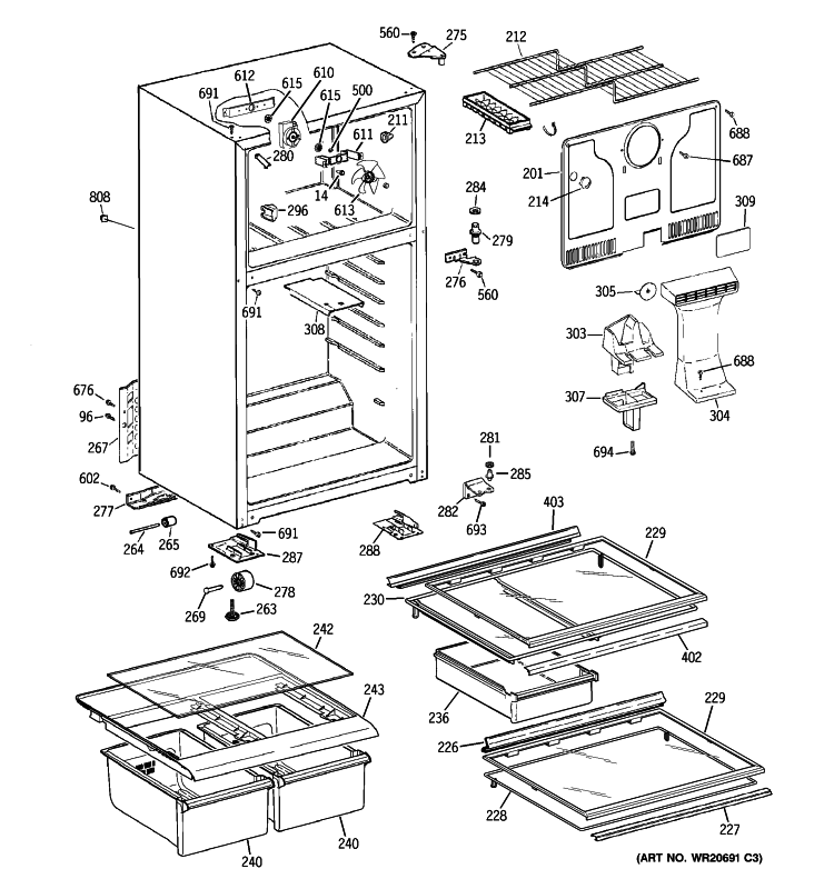 CABINET Diagram and Parts List for HTH17GBT2RWW  Hotpoint Refrigerator