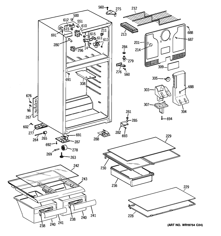CABINET Diagram and Parts List for HTS18JBSBRWW  Hotpoint Refrigerator