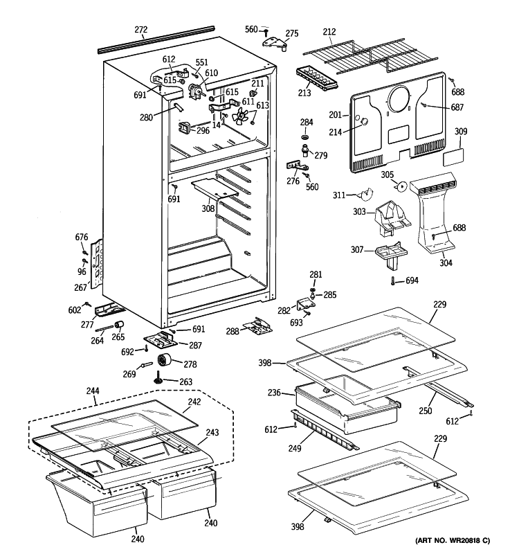 CABINET Diagram and Parts List for GTE17HBZCRWW  General Electric Refrigerator