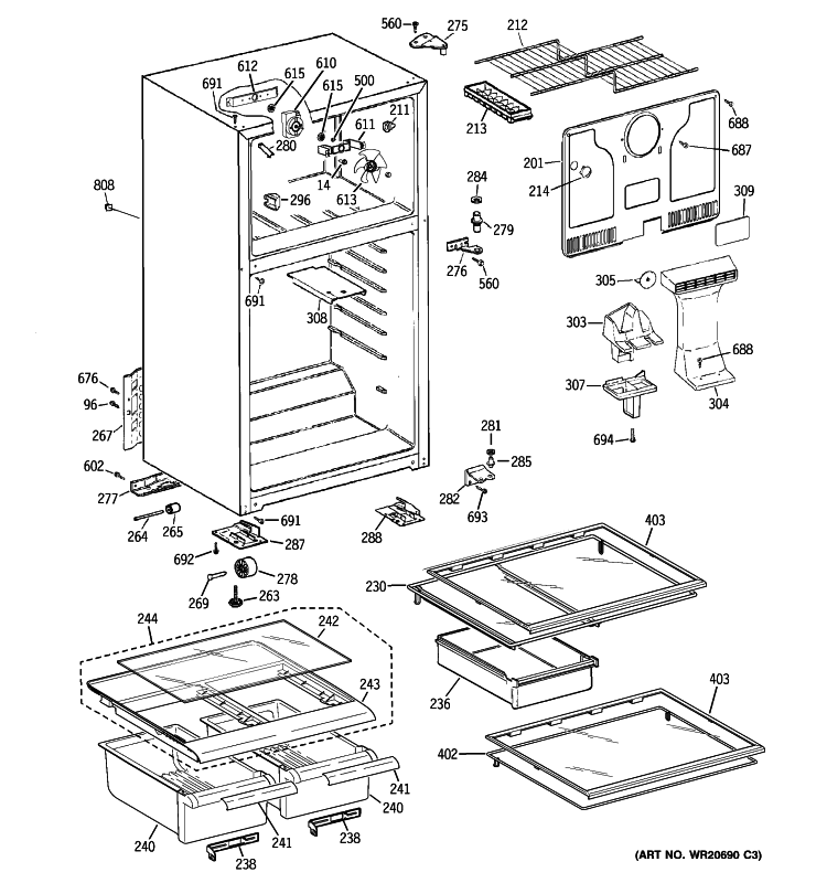 CABINET Diagram and Parts List for GTH17JBB2RBB  General Electric Refrigerator