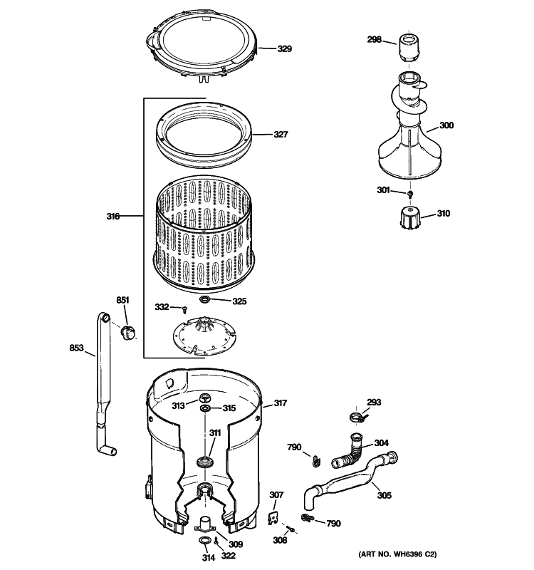 TUB, BASKET & AGITATOR Diagram and Parts List for GTWN3000M0WS  General Electric Washer