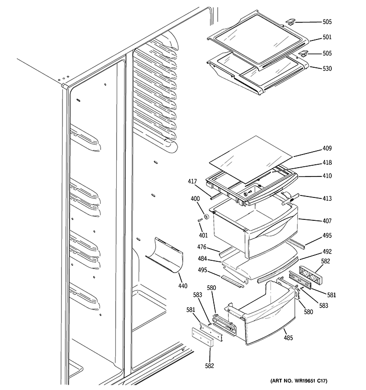 FRESH FOOD SHELVES Diagram and Parts List for PCG23YESAFBB  General Electric Refrigerator