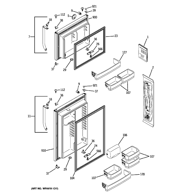 DOORS Diagram and Parts List for GTH18ISXDRSS  General Electric Refrigerator