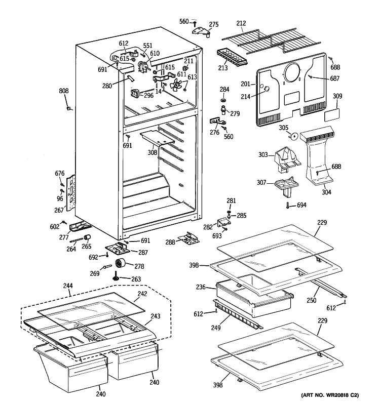 CABINET Diagram and Parts List for GTS16GBBHRWW  General Electric Refrigerator