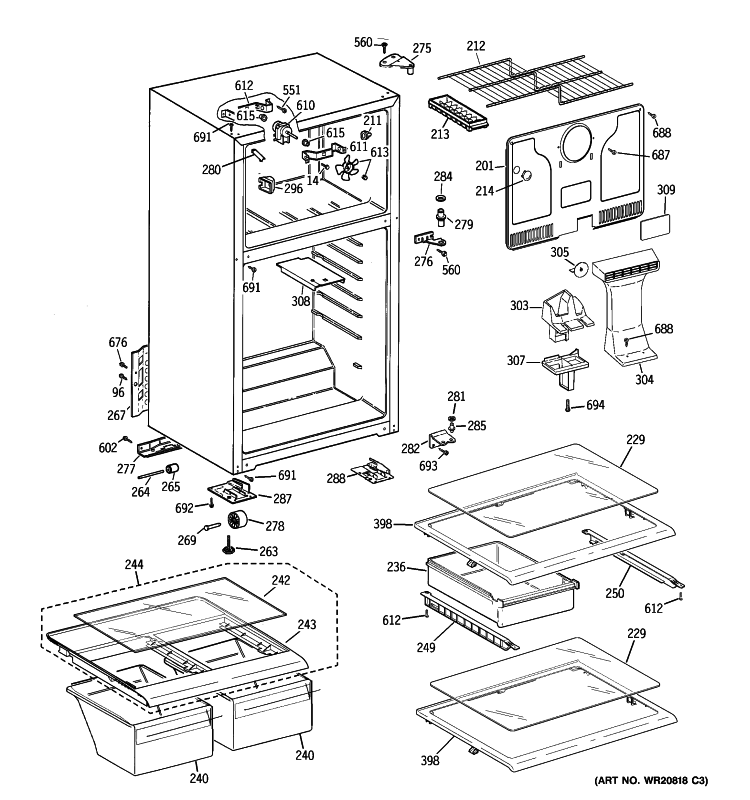 CABINET Diagram and Parts List for GTS17GBBHRWW  General Electric Refrigerator