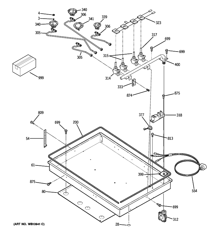 GAS & BURNER PARTS Diagram and Parts List for JGP329DET1BB  General Electric Cooktop