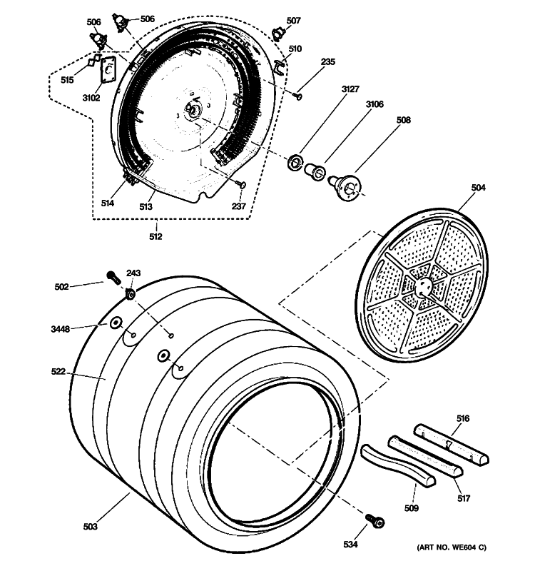 DRUM Diagram and Parts List for PFDN445EL0MV  General Electric Dryer