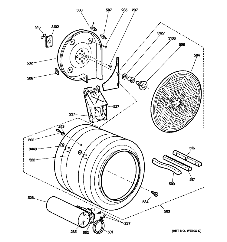DRUM Diagram and Parts List for PFDN445GL0MG  General Electric Dryer
