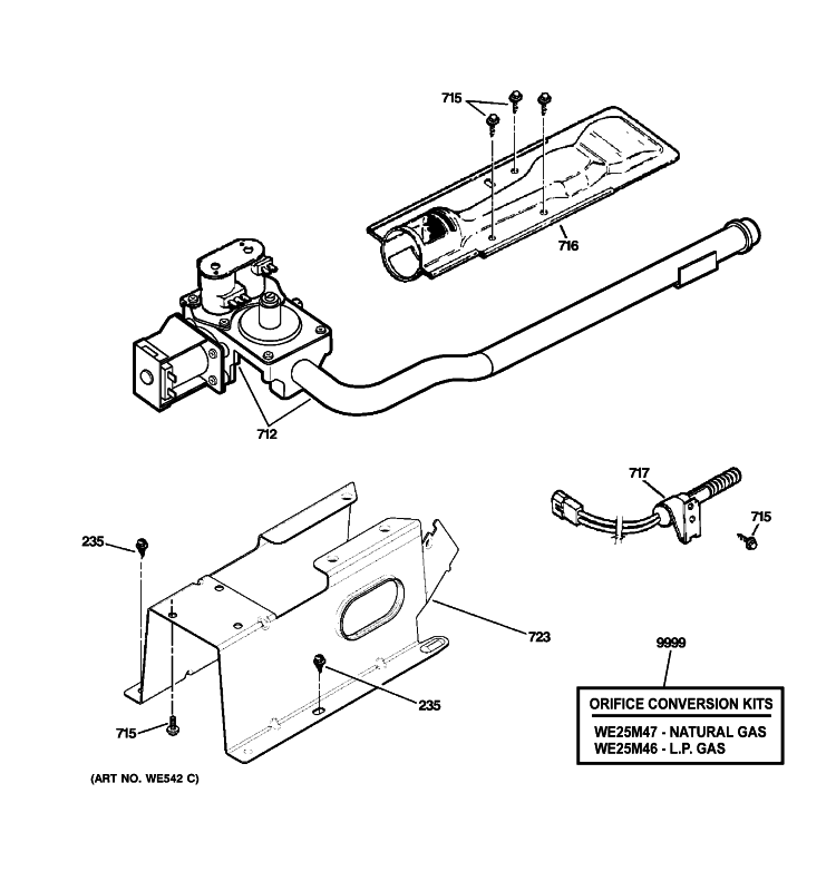 GAS VLAVE & BURNER PARTS Diagram and Parts List for PFDN445GL0MG  General Electric Dryer