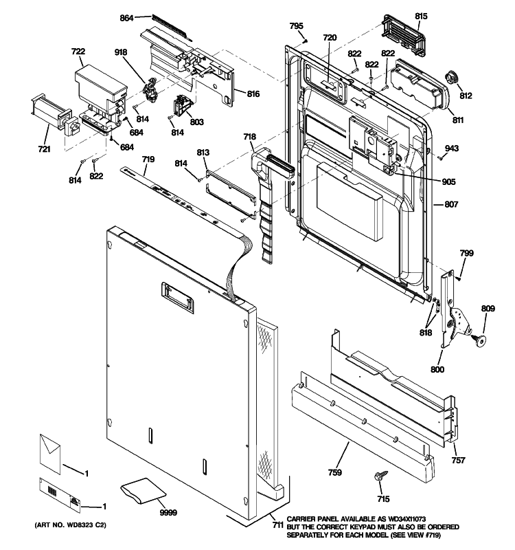 ESCUTCHEON & DOOR ASSEMBLY Diagram and Parts List for ZBD6900P30II  General Electric Dishwasher