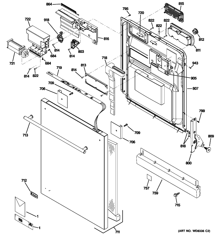 ESCUTCHEON & DOOR ASSEMBLY Diagram and Parts List for ZBD6910P30BB  General Electric Dishwasher