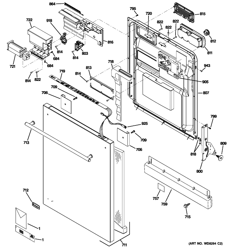 ESCUTCHEON & DOOR ASSEMBLY Diagram and Parts List for ZBD7920P30SS  General Electric Dishwasher