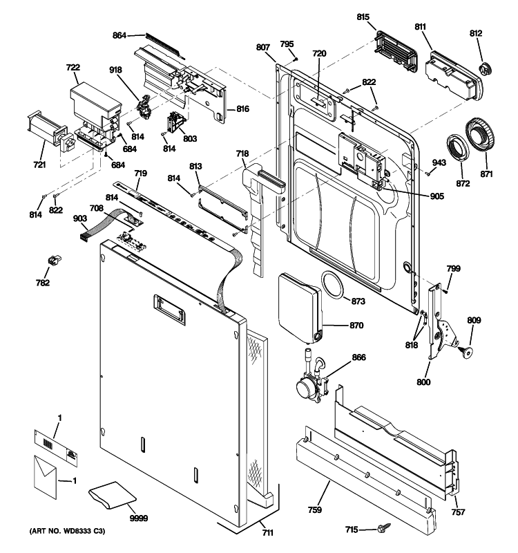 ESCUTCHEON & DOOR ASSEMBLY Diagram and Parts List for ZBD8900P30II  General Electric Dishwasher