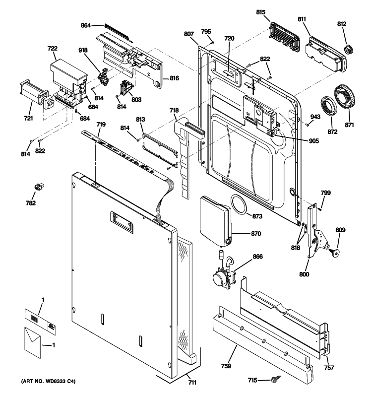 ESCUTCHEON & DOOR ASSEMBLY Diagram and Parts List for ZBD8920P30SS  General Electric Dishwasher