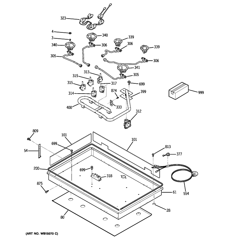 GAS & BURNER PARTS Diagram and Parts List for JGP633SET1SS  General Electric Cooktop