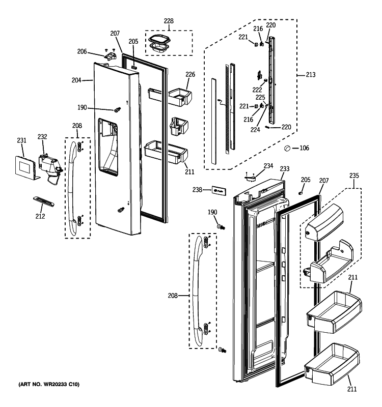 FRESH FOOD DOORS Diagram and Parts List for PFSF6PKXGBB  General Electric Refrigerator