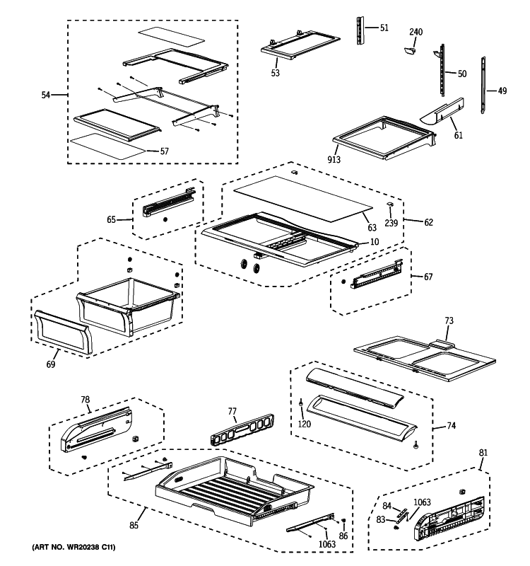 FRESH OOD SHELVES Diagram and Parts List for PFSF6PKXGBB  General Electric Refrigerator