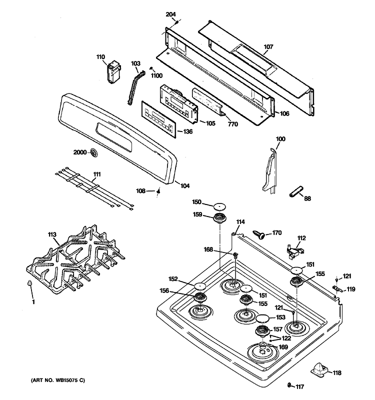 CONTROL PANEL & COOKTOP Diagram and Parts List for JGB296SET1SS  General Electric Range