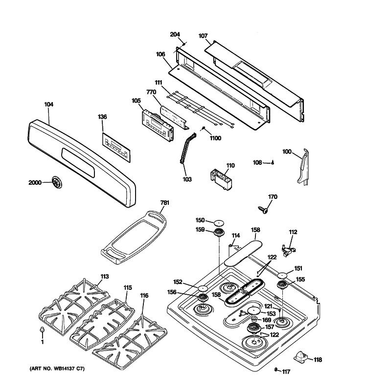 CONTROL PANEL & COOKTOP Diagram and Parts List for JGB605DET1BB  General Electric Range