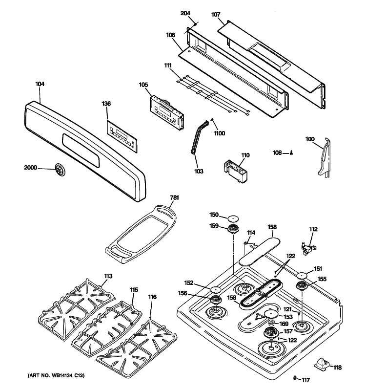 CONTROL PANEL & COOKTOP Diagram and Parts List for JGB840SET1SS  General Electric Range