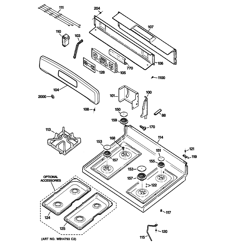 CONTROL PANEL & COOKTOP Diagram and Parts List for JGBP28DET1WW  General Electric Range