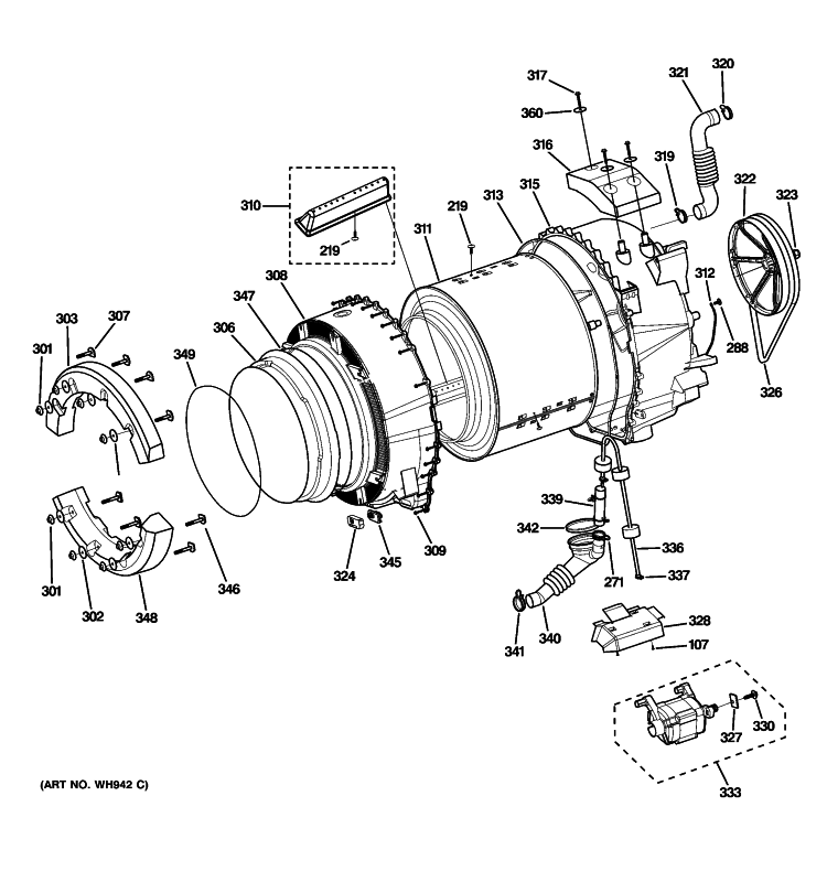 TUB & MOTOR Diagram and Parts List for GFWN1100L2WW  General Electric Washer