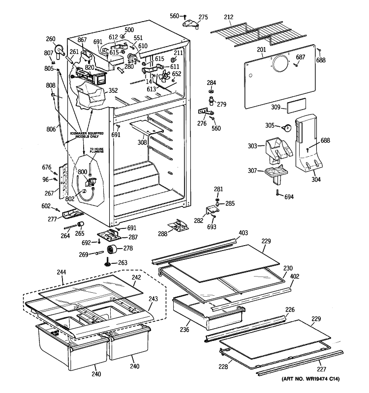 CABINET Diagram and Parts List for HTH18GCT3RWW  Hotpoint Refrigerator