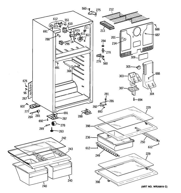 CABINET Diagram and Parts List for HTS17GBBHRWW  Hotpoint Refrigerator