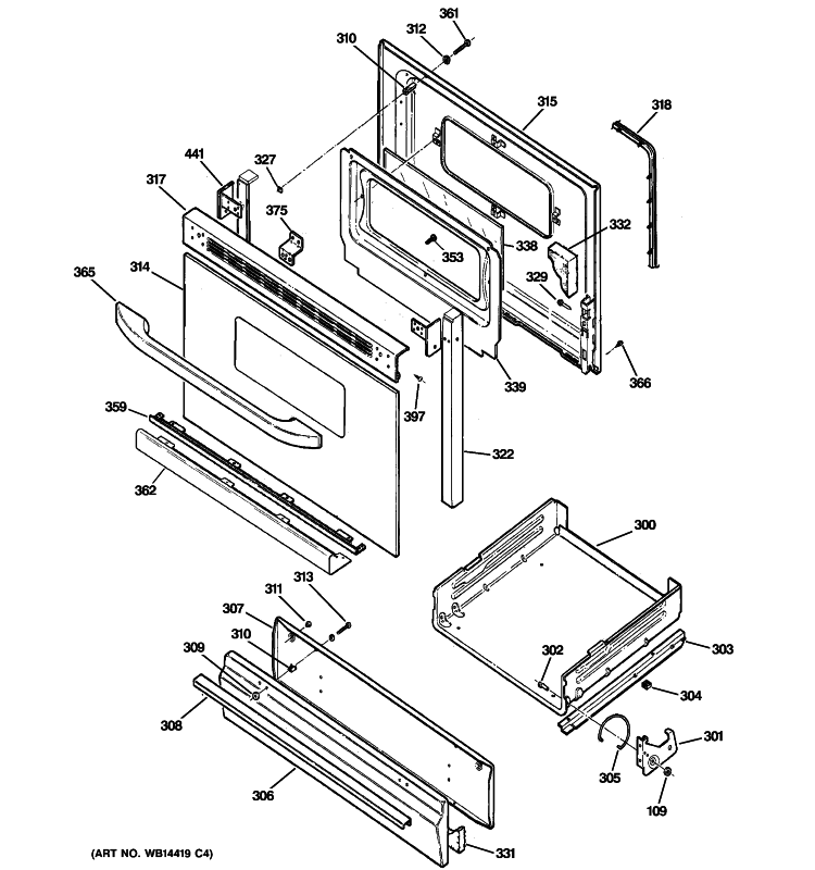 DOOR & DRAWER PARTS Diagram and Parts List for RGB530DET1BB  Hotpoint Range