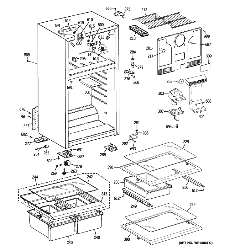 CABINET Diagram and Parts List for HTH17GBC2RWW  Hotpoint Refrigerator