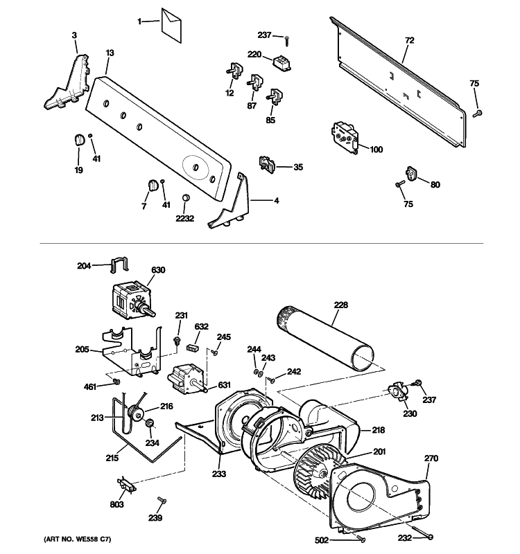 BACKSPLASH, BLOWER & MOTOR ASSEMBLY Diagram and Parts List for GTDL310EM0WS  General Electric Dryer