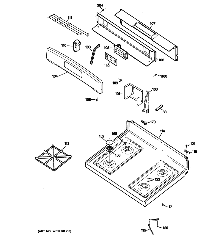 CONTROL PANEL & COOKTOP Diagram and Parts List for JGBS18DEN7CC  General Electric Range