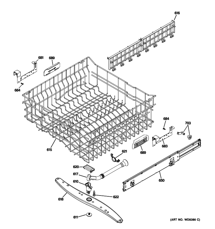 UPPER RACK ASSEMBLY Diagram and Parts List for GHDT108V00BB  General Electric Dishwasher