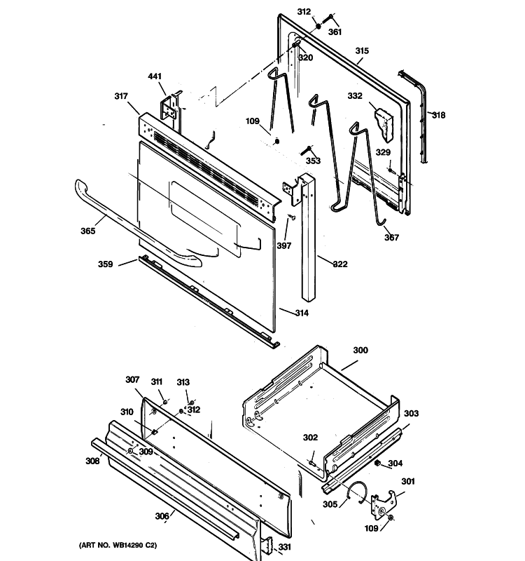 DOOR & DRAWER PARTS Diagram and Parts List for JGBS04BET1WH  General Electric Range