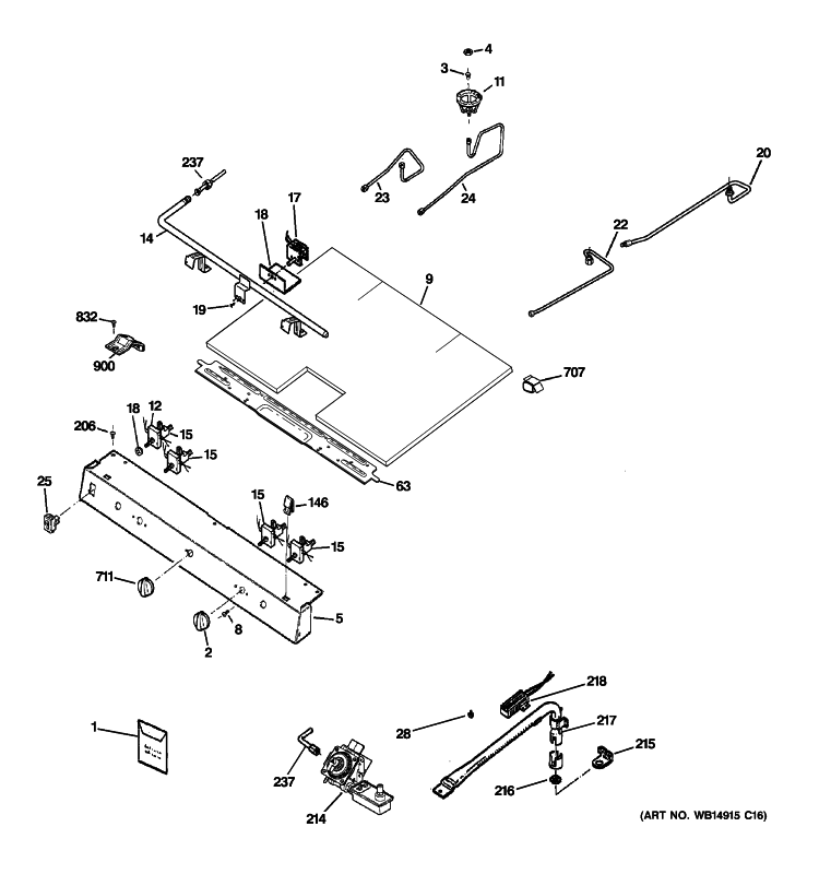 GAS & BURNER PARTS Diagram and Parts List for RGB530DET2BB  Hotpoint Range