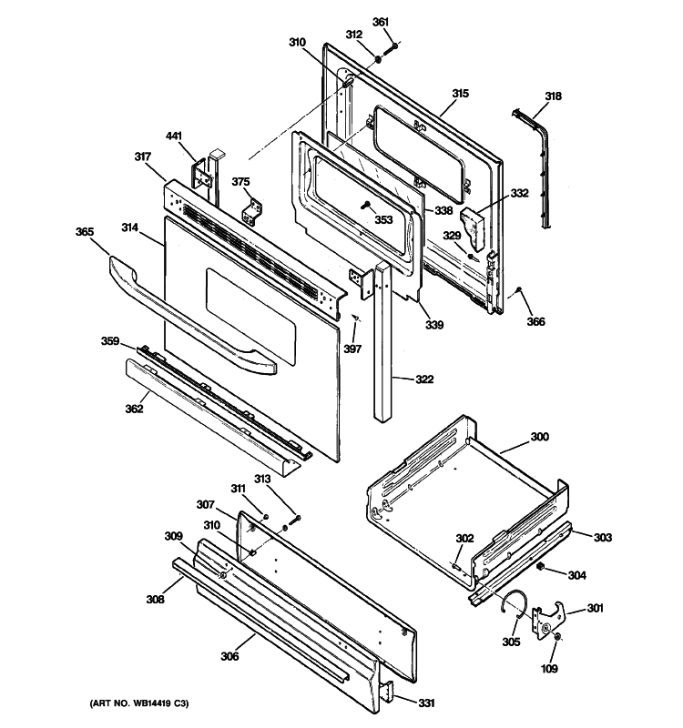 DOOR & DRAWER PARTS Diagram and Parts List for RGB530DET2BB  Hotpoint Range