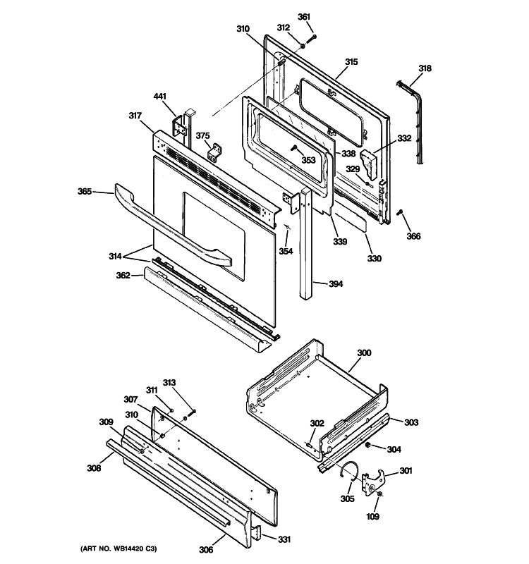 DOOR & DRAWER PARTS Diagram and Parts List for RGB540SEP5SA  Hotpoint Range