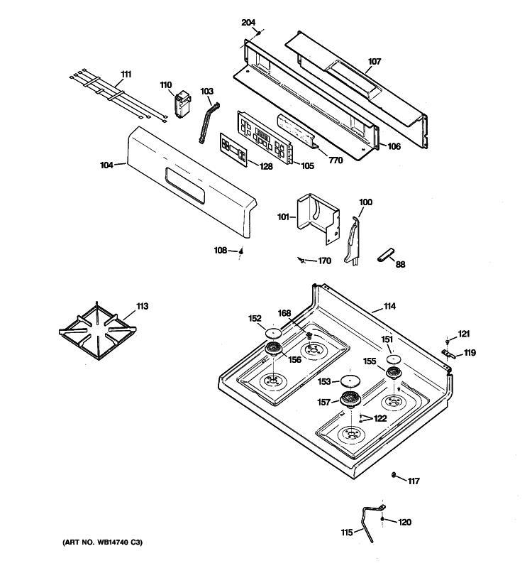 CONTROL PANEL & COOKTOP Diagram and Parts List for RGB746DEP5WW  Hotpoint Range