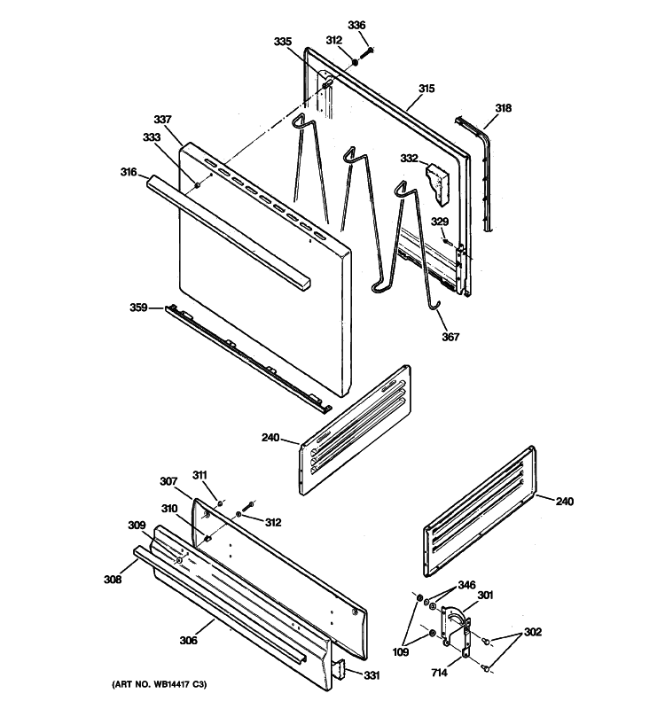 DOOR & DRAWER PARTS Diagram and Parts List for RGB524PPT1CT  Hotpoint Range