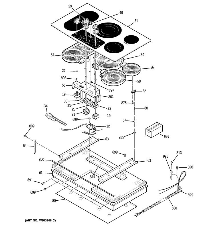 CONTROL PANEL & COOKTOP Diagram and Parts List for PP962SM3SS  General Electric Cooktop