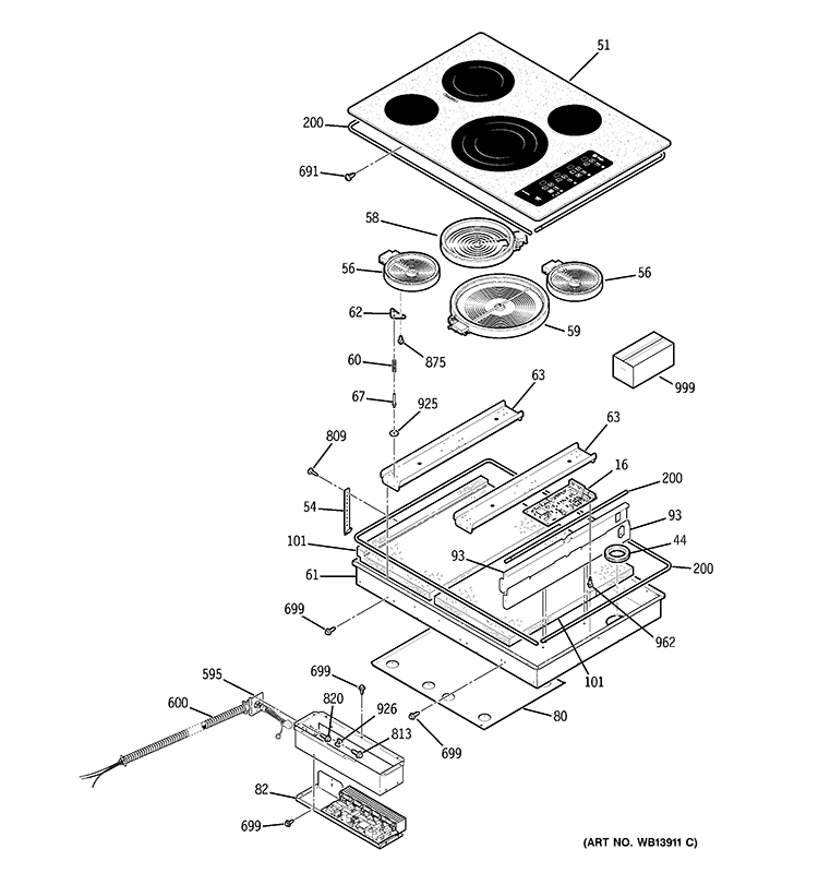 CONTROL PANEL & COOKTOP Diagram and Parts List for PP945BM3BB  General Electric Cooktop